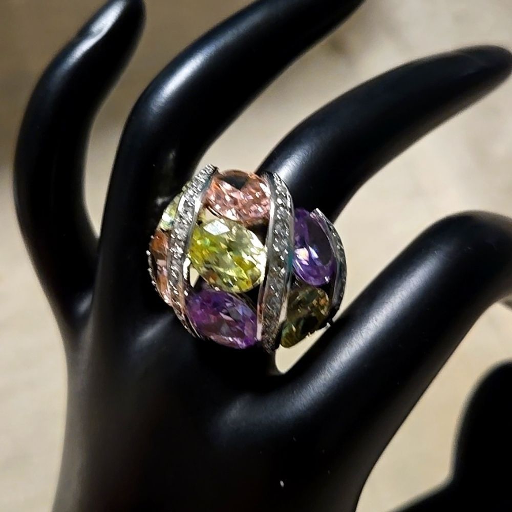 Vintage QVC Signed LL Pink Purple CZ Gem Statement Cocktail Ring Size 8